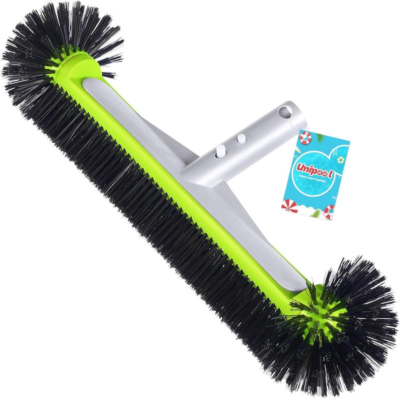 Unipool Swimming Pool Brush Head with Round Ends,17.5" Heavy Duty Aluminum Back Head for Cleans Walls, Tiles & Floors, 7 Rows Premium Nylon Bristles with EZ Clips (Green Black) - Image 1